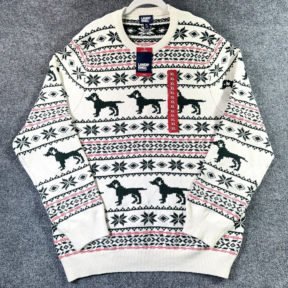 Lands' End Sweater Men's XL Beige Cream All Over Print Dog Holiday Casual Preppy